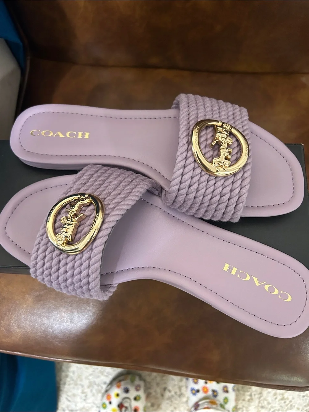 Coach Taupe Braided Slide Sandals with Gold Emblem lila